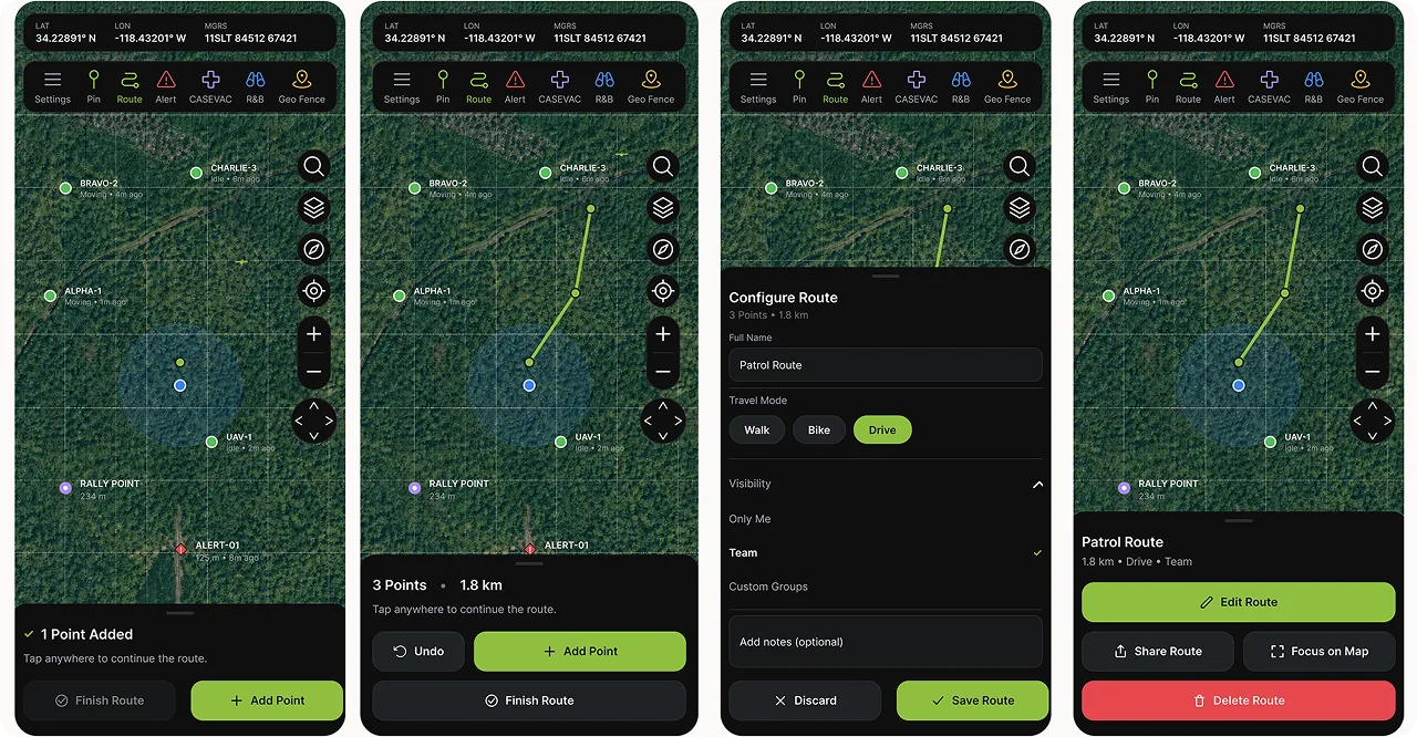 dTAK app screens showing a pin being placed, configured, saved and shared on the map