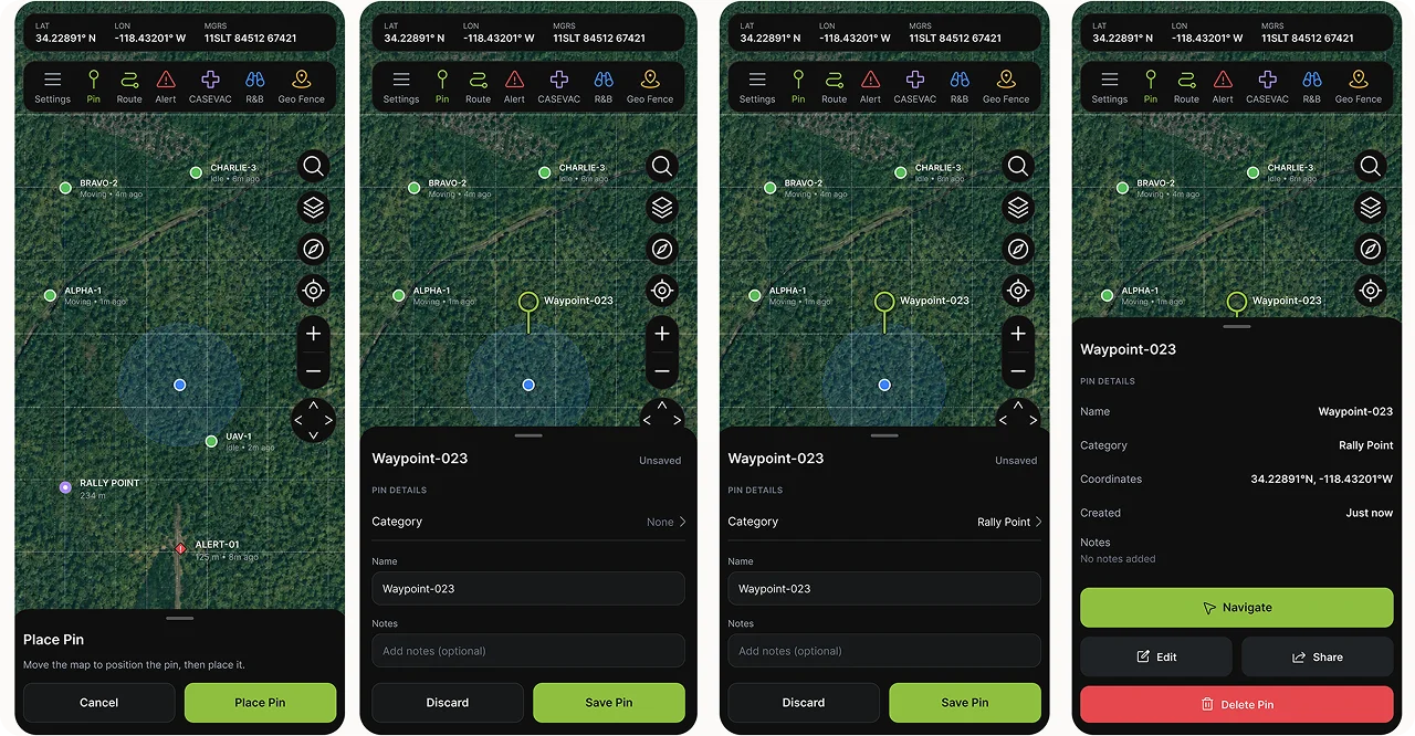 dTAK app screens showing route planning on the tactical map