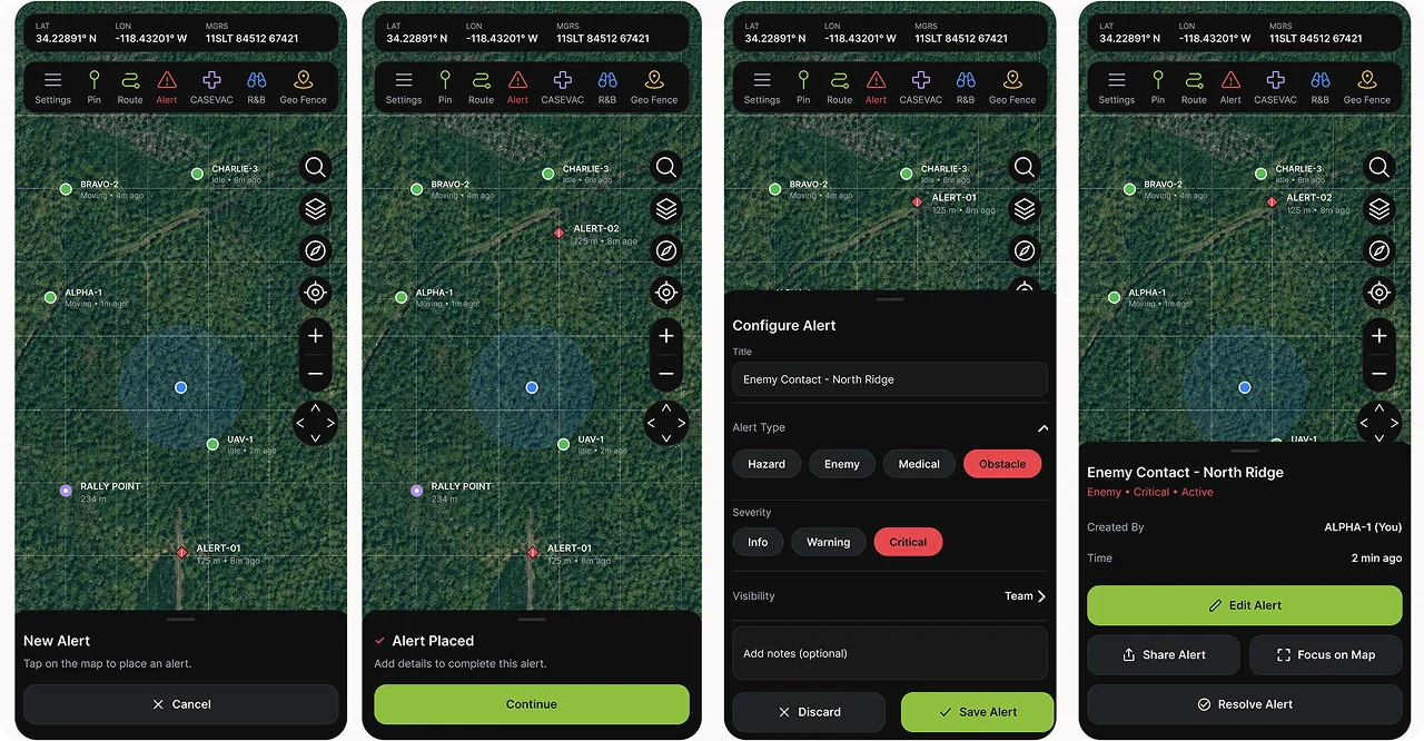 dTAK app screens showing an alert being placed, configured and resolved