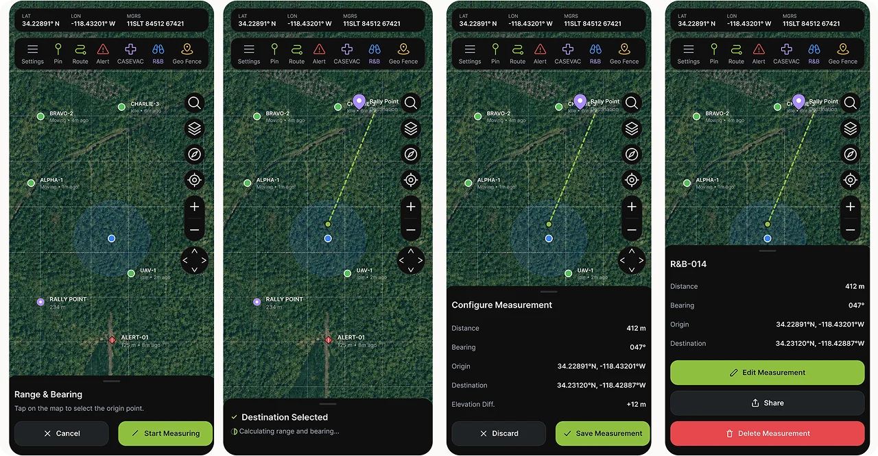 dTAK app screens showing a range and bearing measurement between two map points