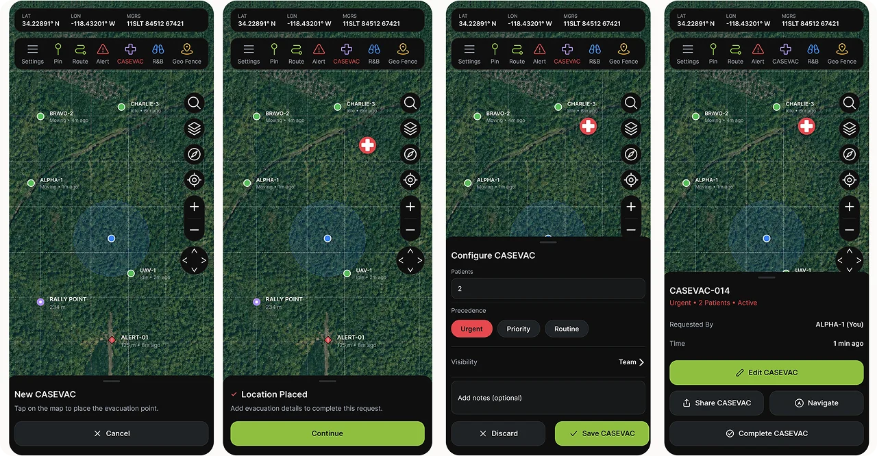 dTAK app screens showing a CASEVAC request being placed, configured and tracked