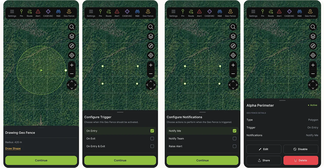 dTAK app screens showing a geo fence being drawn and its trigger and notification settings