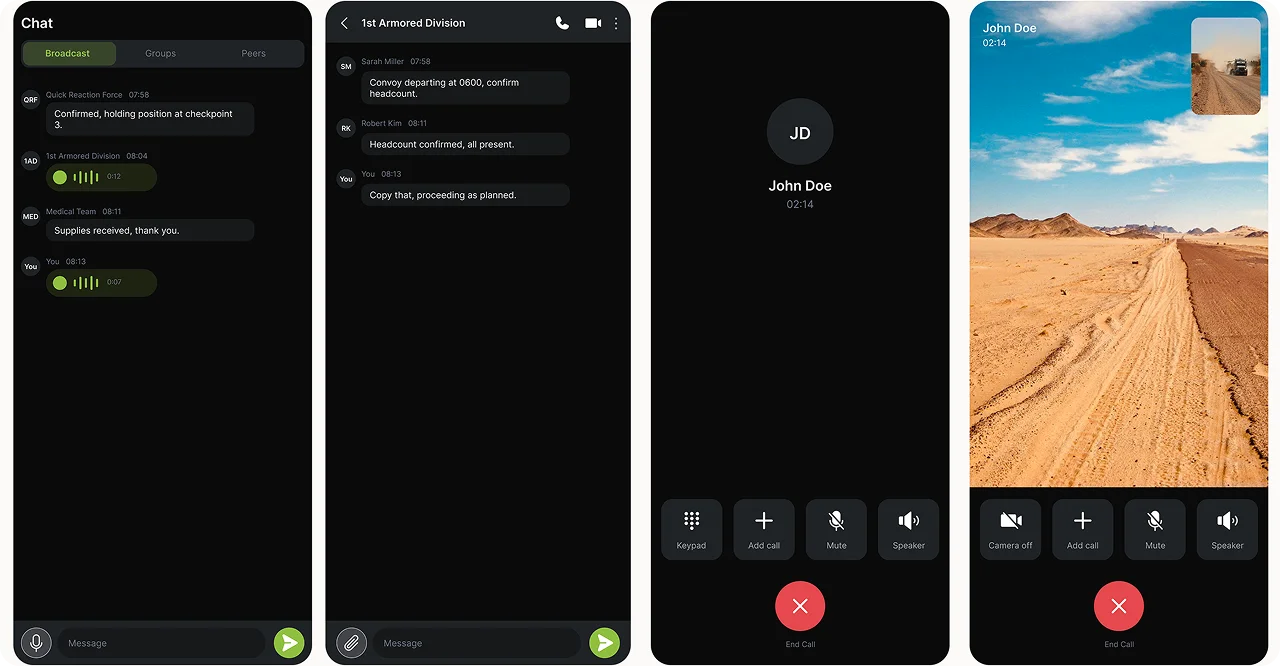 dTAK app screens showing broadcast chat, group chat, a voice call and a video call