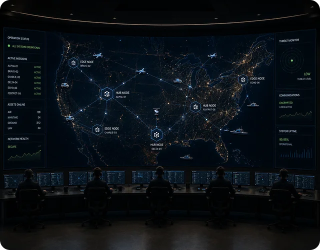 Command Centre operators in front of a wall-sized map of connected Edge and Hub Nodes