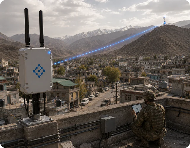 dTAK Edge Node mounted on a rooftop with a soldier using a tablet
