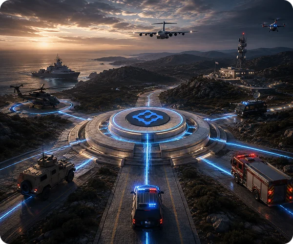 Aerial dusk view of a dTAK hub with air, land and maritime assets connected