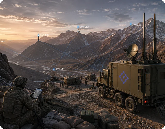 Mobile Hub Node vehicle coordinating Edge Nodes across a mountain valley